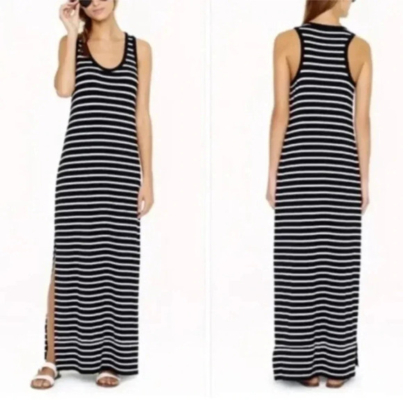 J. Crew Black White Striped Racerback Maxi Dress Tank Side Slits Size M Medium - Picture 1 of 3